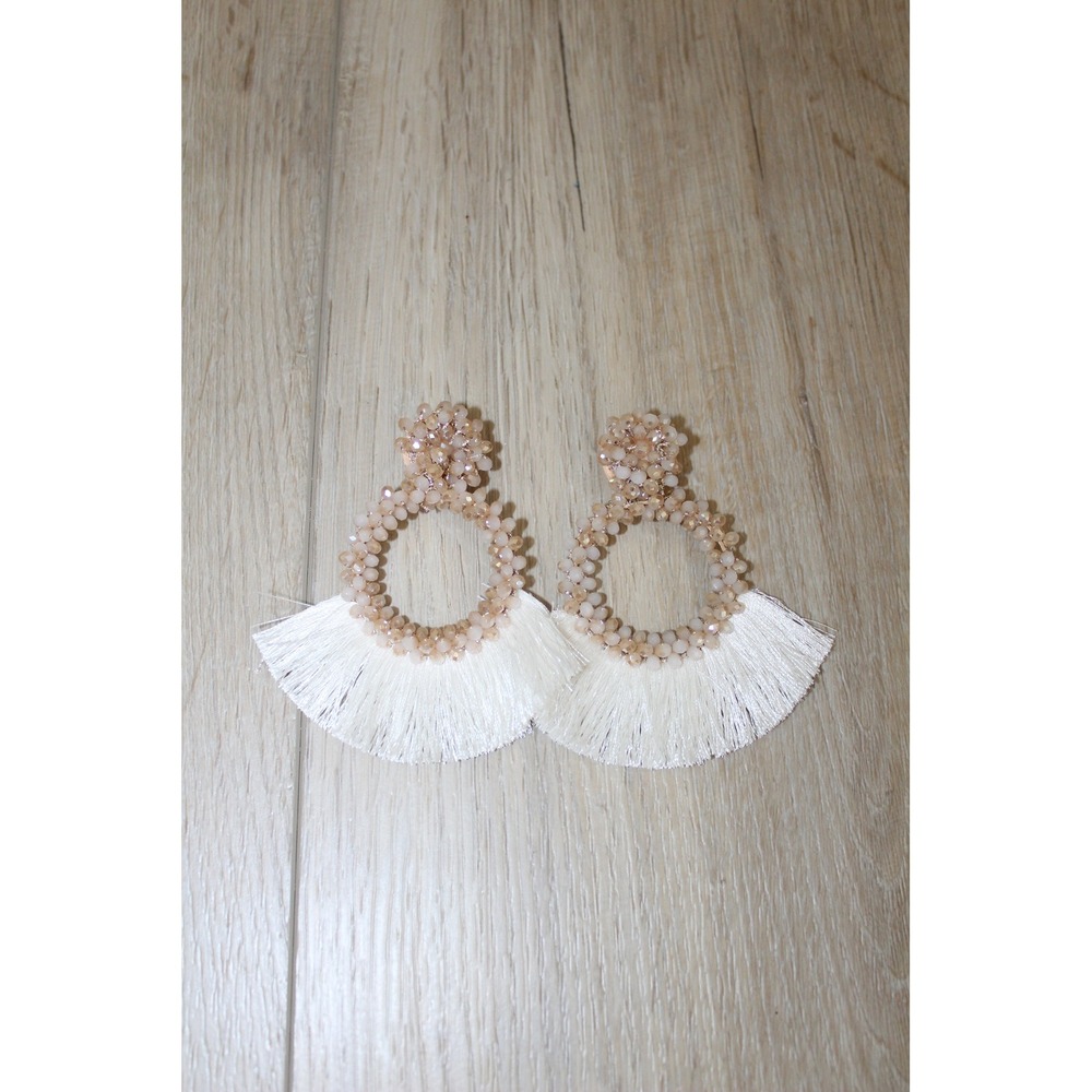 Champagne Beaded Hoop Tassel Fan Fringe Statement Earrings White Boho Drop Post
